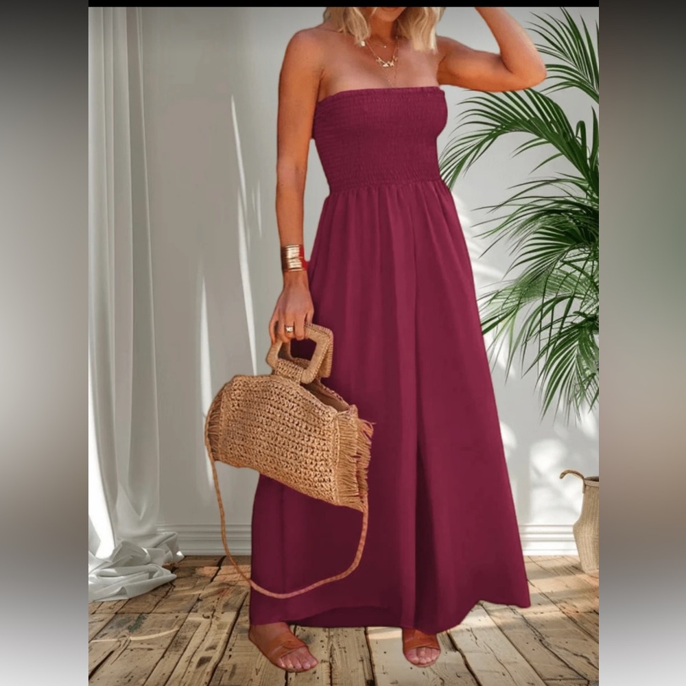 Medium SHEIN Strapless Burgundy Wideleg jumpsuit with pockets